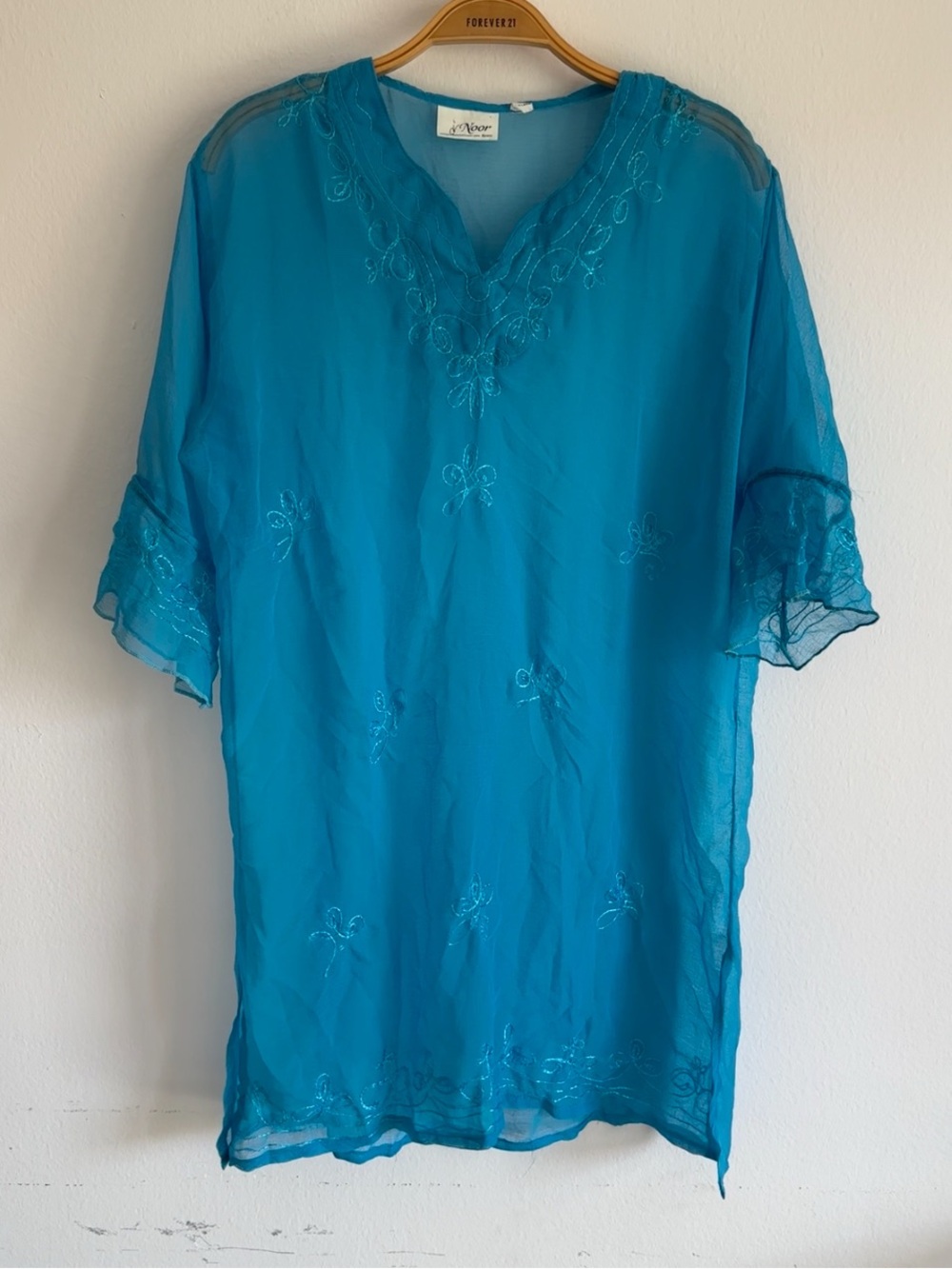 Vintage Y2K Noor Tunic Beach Cover Shirt Sheer Blue Embroidered Fairy Floral XL